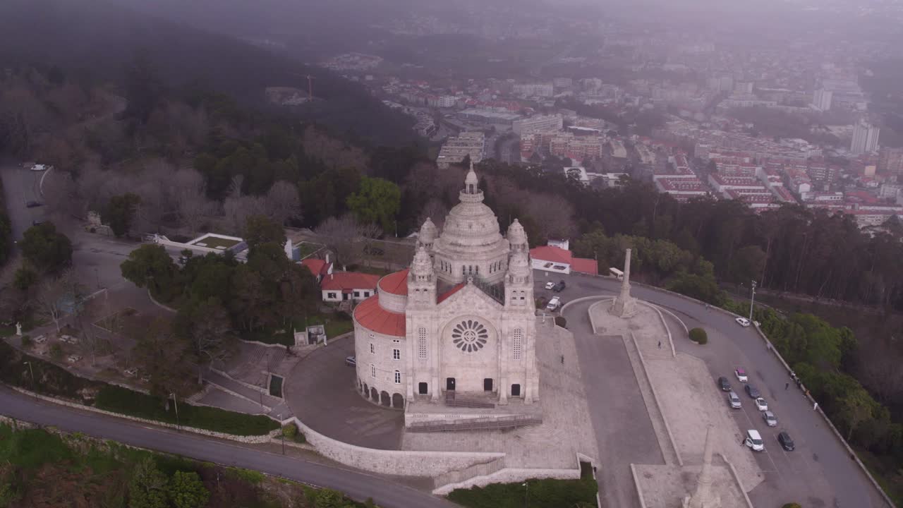 Reveal shot of Santu&aacute;rio de Santa Luzia at Viana do Castelo, Portugal, aerial