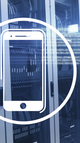 animation of smartphone icon and data processing over server room