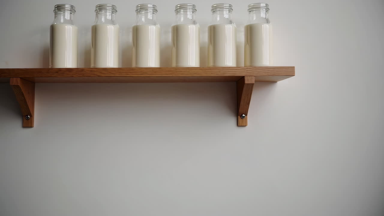 Row of Milk Bottles on a Wooden Shelf Against a White Wall
