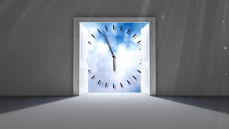 analog clock behind two doors