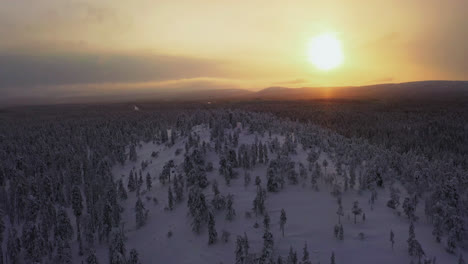 aerial view backwards over frozen hills and forest, winter evening in lapland