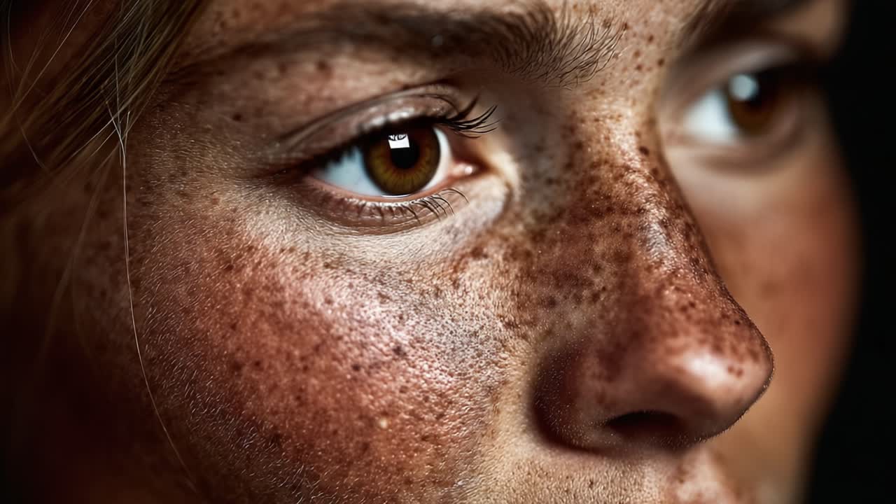 Close-Up Study of Freckled Skin: A Detailed Exploration of Facial Features Captured in Two Frames Showing Intense Emotion and Natural Beauty
