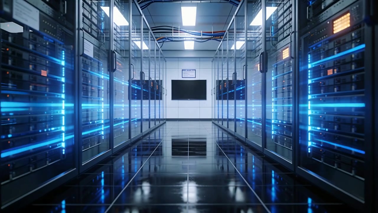 Bande blu animate, rack di server in un data center che pulsano, riflettendo il pavimento e indicando attività di dati.