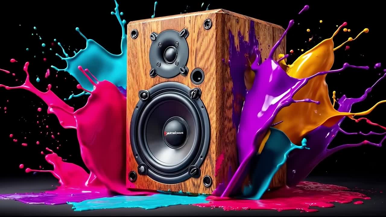 Un altoparlante in legno con schizzi di vernice colorata che fuoriescono