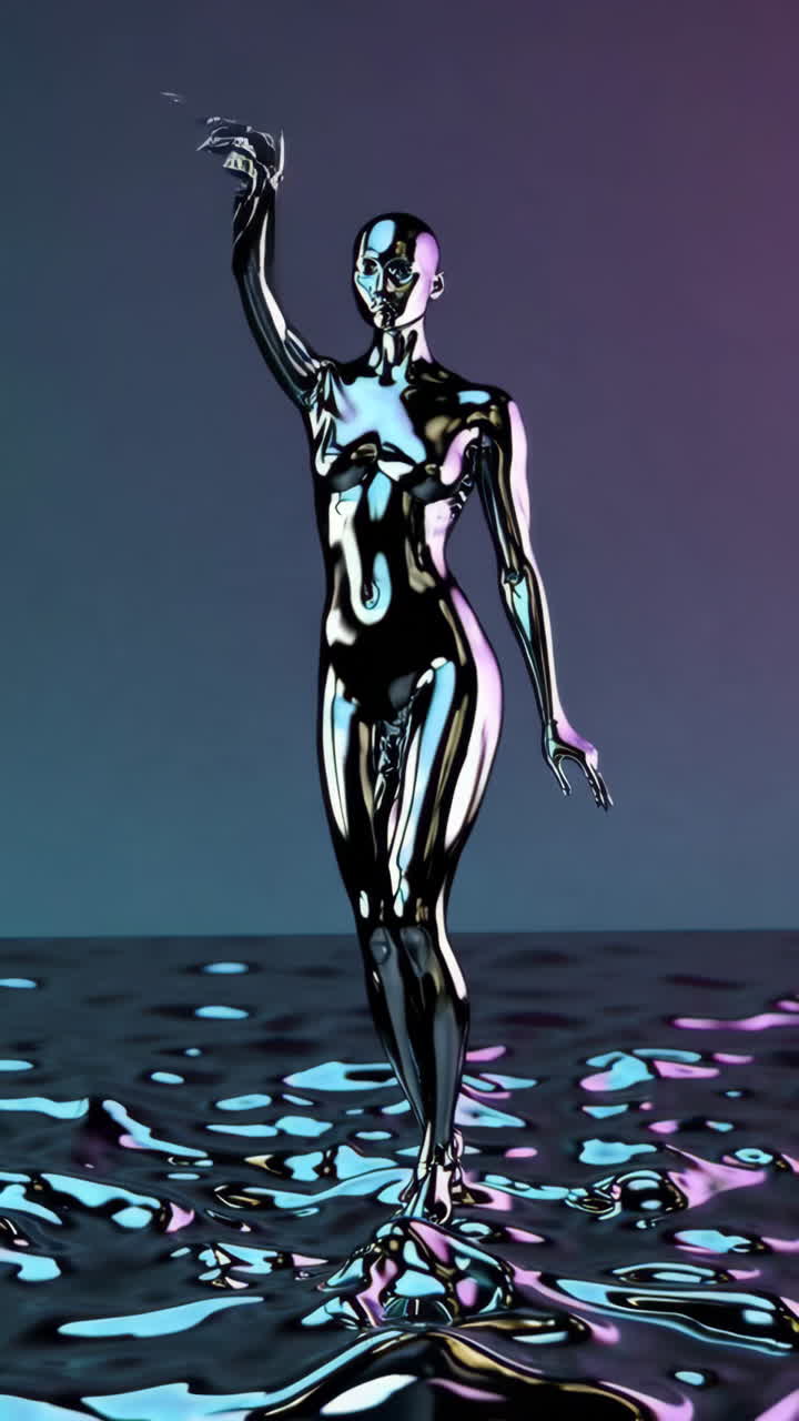 Figura femminile metallica su superficie liquida