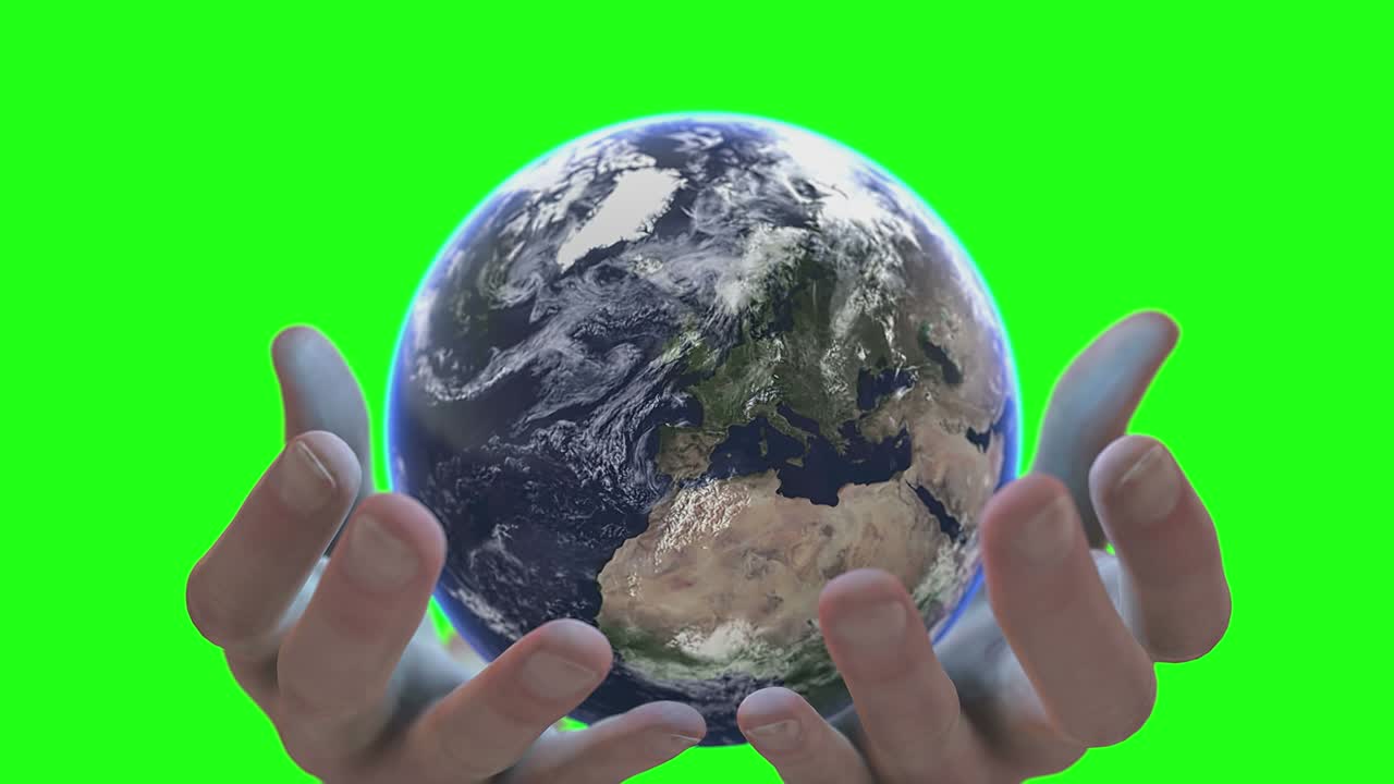 zoom en las palmeras que sostienen el planeta tierra en una pantalla verde. símbolo de ecología, ecologismo, cuidado global.