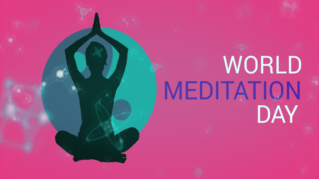 Animazione di strutture molecolari e testo "Giornata della Meditazione" su sagoma di donna in posizione yoga.