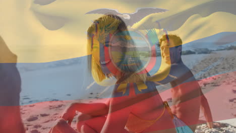 animación de la bandera de ecuador ondeando sobre diversos amigos disfrutando en la playa
