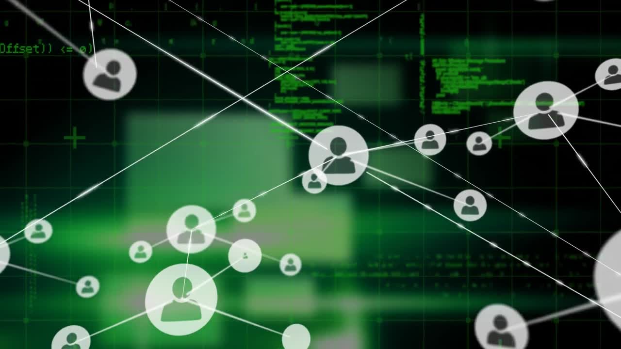 커 ⁇ 터와 디지털 데이터가 디지털 그리드 배경에서 이동합니다.