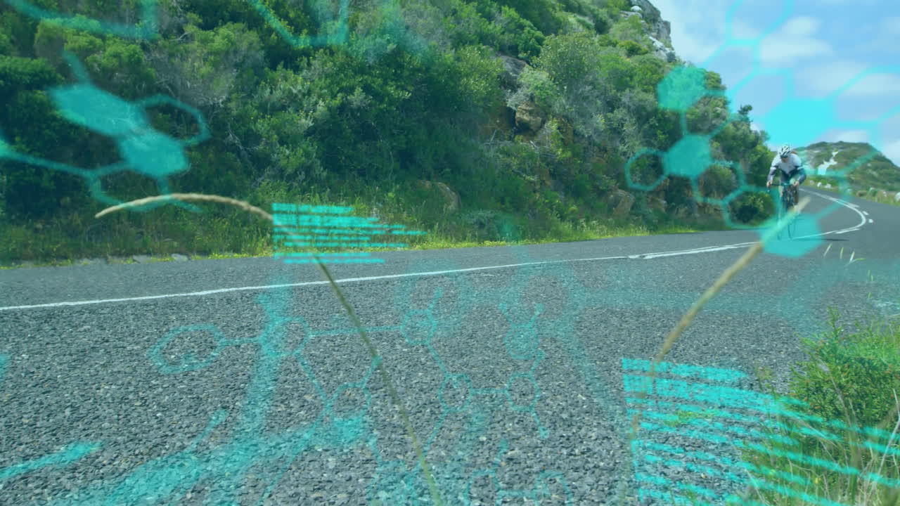 도로에서 자전거를 타는 백인 여성에 대한 화학 모델과 데이터 처리의 애니메이션