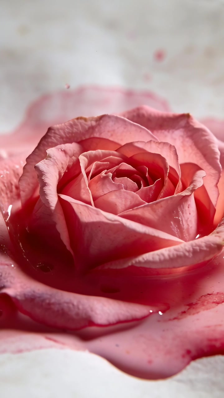 Video verticale: Una rosa rosa che giace in una piccola pozza rosa su marmo chiaro, con goccioline che cadono