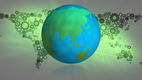 animación de un globo giratorio sobre engranajes en movimiento sobre fondo verde