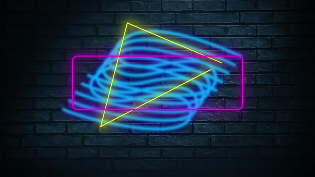 Digital animation of rectangle and triangle neon shapes over wavy lines against blue brick wall in b