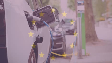 Bandera-De-La-Unión-Europea-Sobre-La-Carga-De-Un-Coche-Eléctrico-En-La-Estación-De-Carga-De-Vehículos-Eléctricos