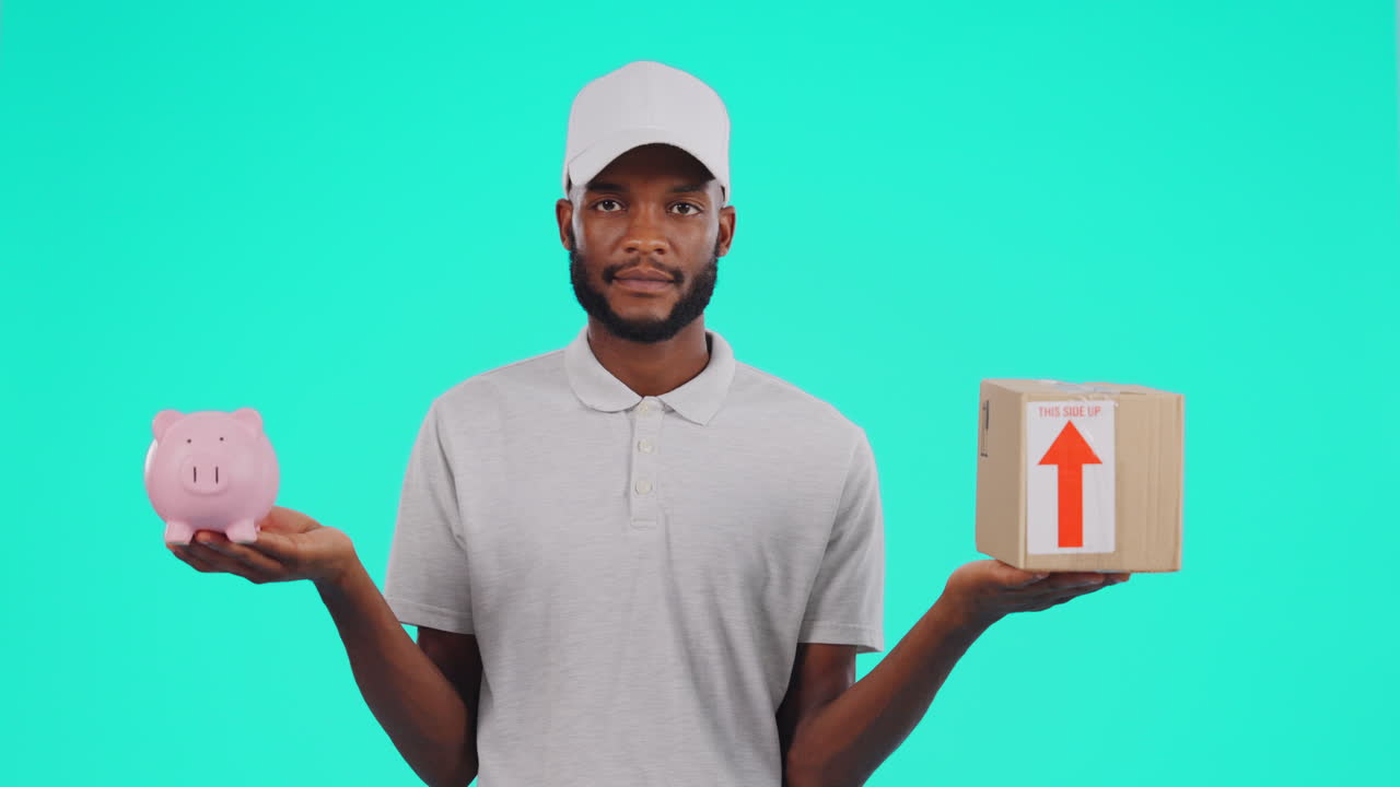 hombre negro, entrega y confundido con la alcancía