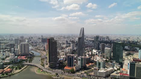 wide arial landscape of modern skyscraper buildings in downtown district 1 of ho chi minh city vietnam