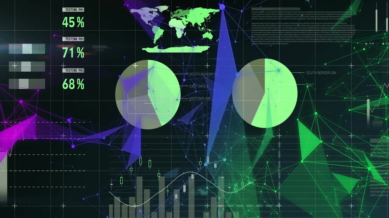 Animated dashboard showing green map and percent indicators, connecting pie charts by network lines