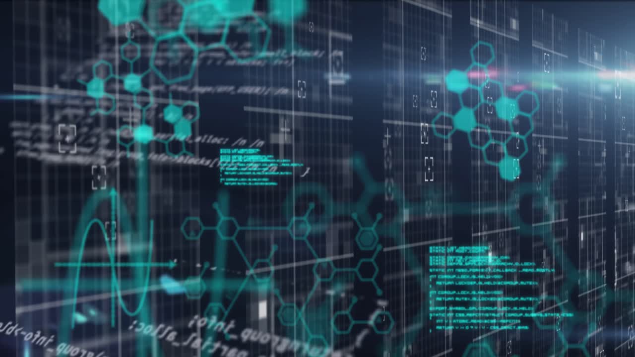 Animation of chemical formula and data processing over black background