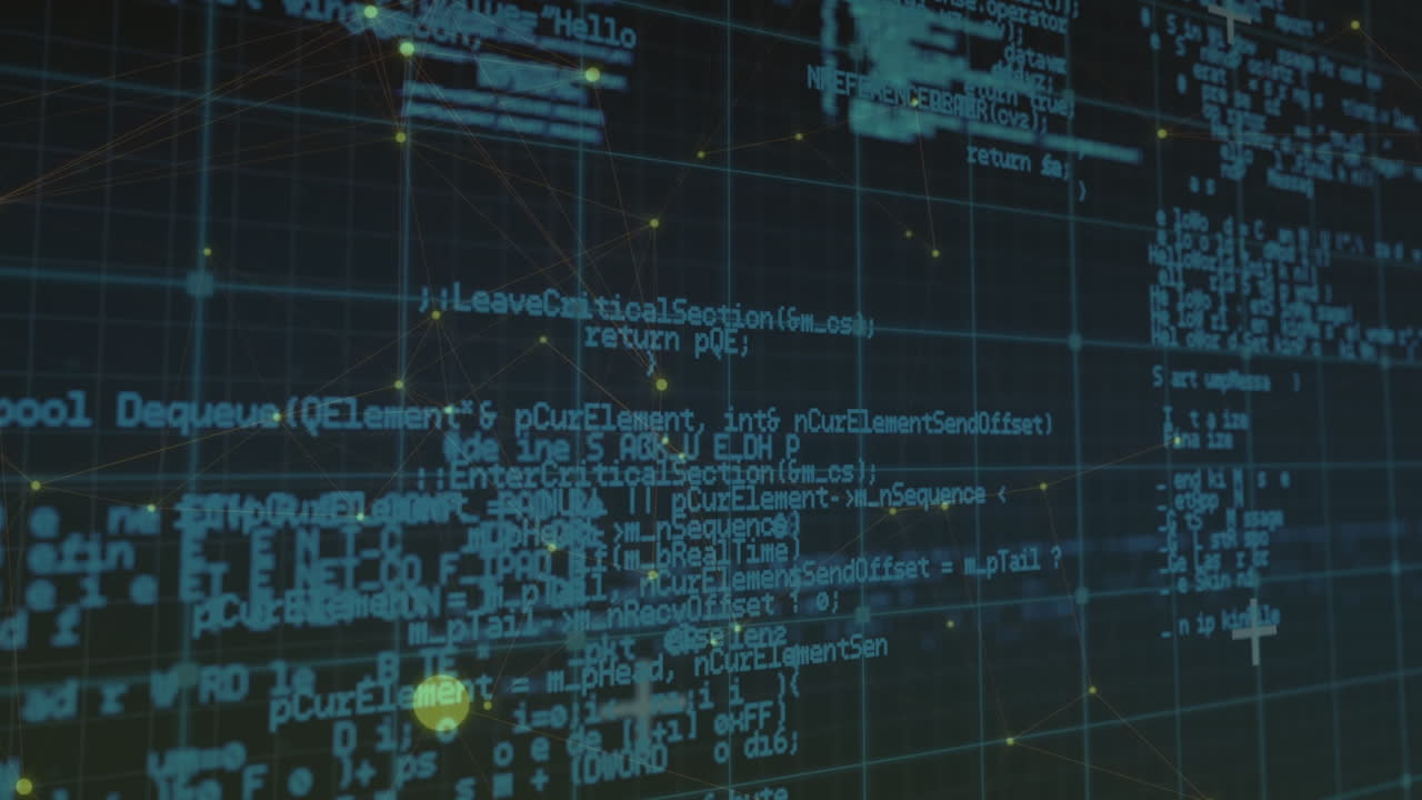 Animation of data processing and network of connections over dark background