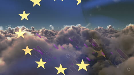 animation of shapes moving over european union flag and clouds