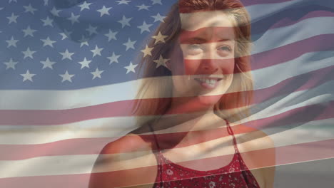 holding american flag animation, smiling woman outdoors