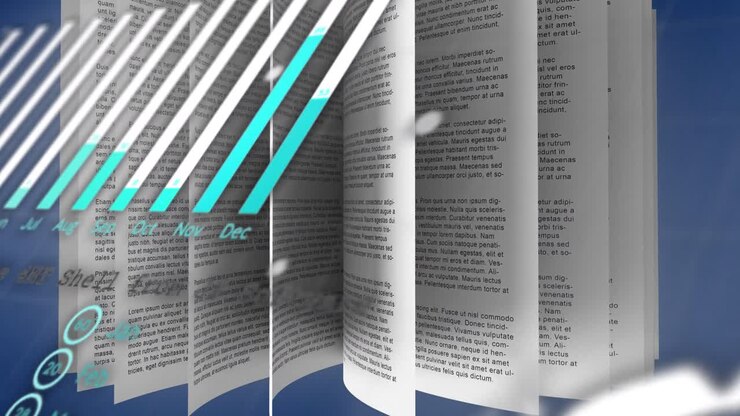 Animation of financial graphs over book on navy background