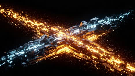 a stunning digital art visualization of an abstract cross shape formed by shimmering orange and blue light with intricate city-like structures for a futuristic aesthetic