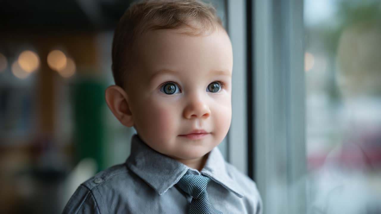 Un adorabile bambino vestito elegantemente guarda fuori dalla finestra, catturando un momento di innocenza e meraviglia in un ambiente interno accogliente