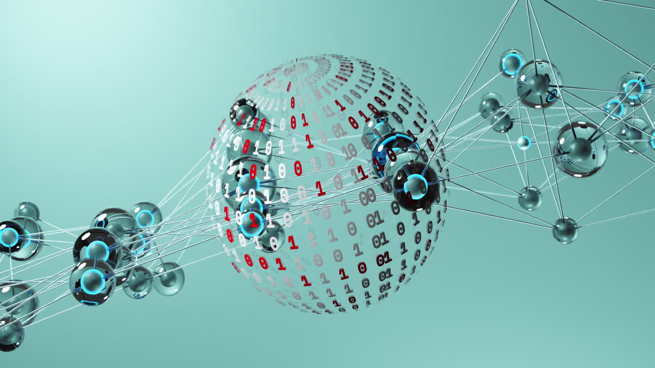 Animation of connecting dots over globe of binary coding spinning against blue background