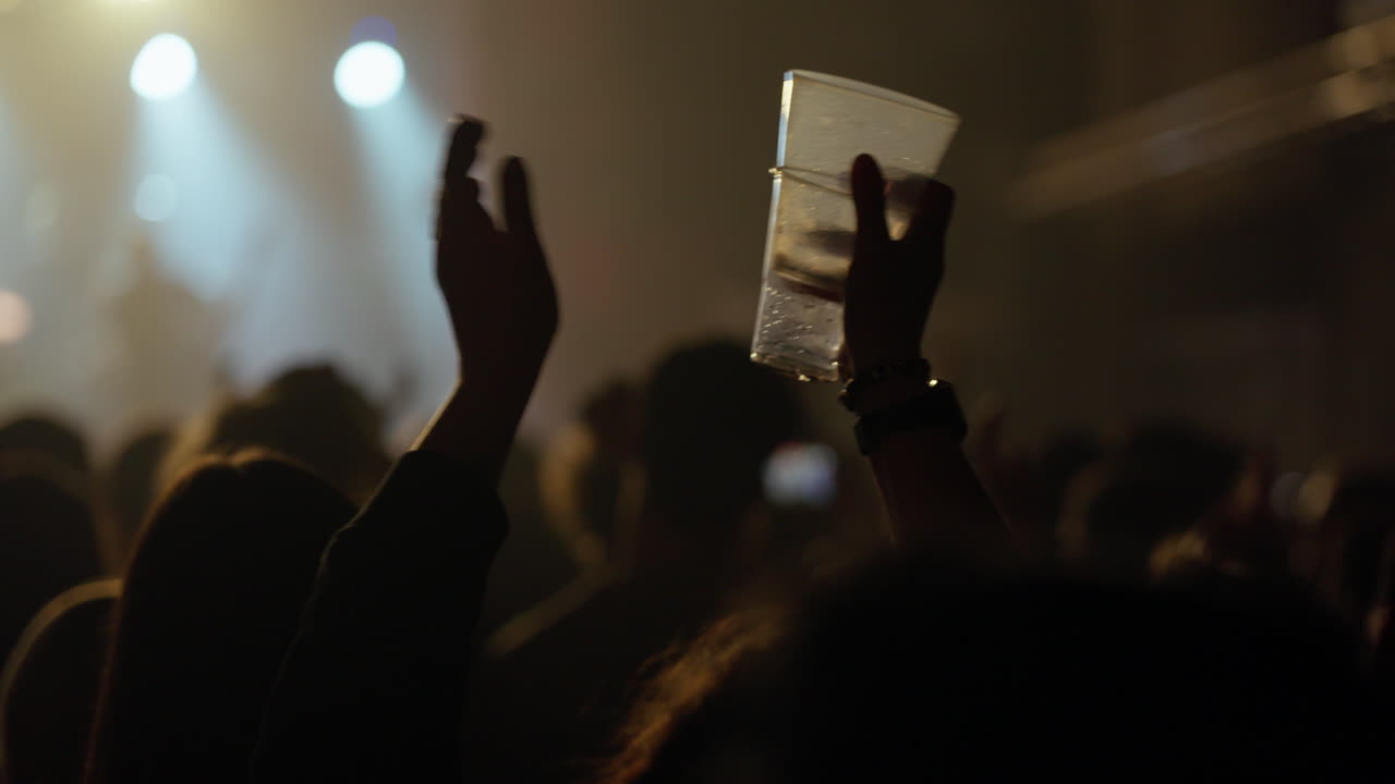 Folla con Mani Alzate e Bicchiere a un Concerto al Buio