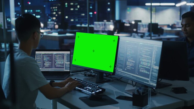 Ufficio notturno: Giovane uomo giapponese che lavora su un computer desktop con schermo verde chroma key. Team di programmatori che digitano codice, creando software moderno, design di app e-commerce, programmazione e-business