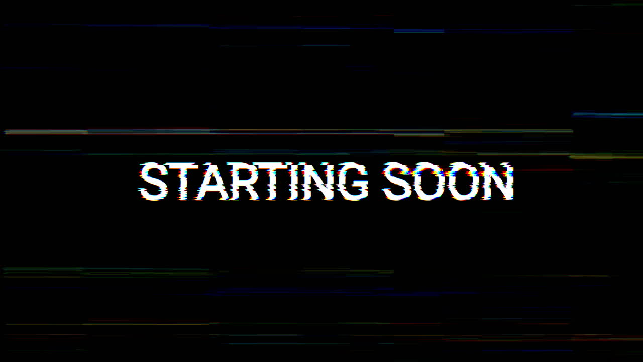 Starting Soon Glitch Text with Digital Static Background