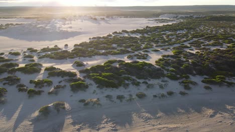 Drone-aerial-panning-over-sand-dunes-during-sunrise