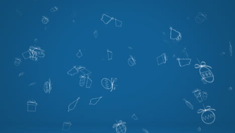 animation of falling christmas decorations over blue background