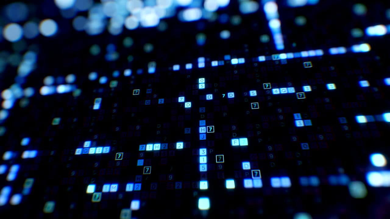 símbolos azules de código digital proceso de entrada abstracto primer plano con dof blur bokeh sin costuras. animación en bucle 3d. información de negocios futurista y concepto de tecnología virtual.
