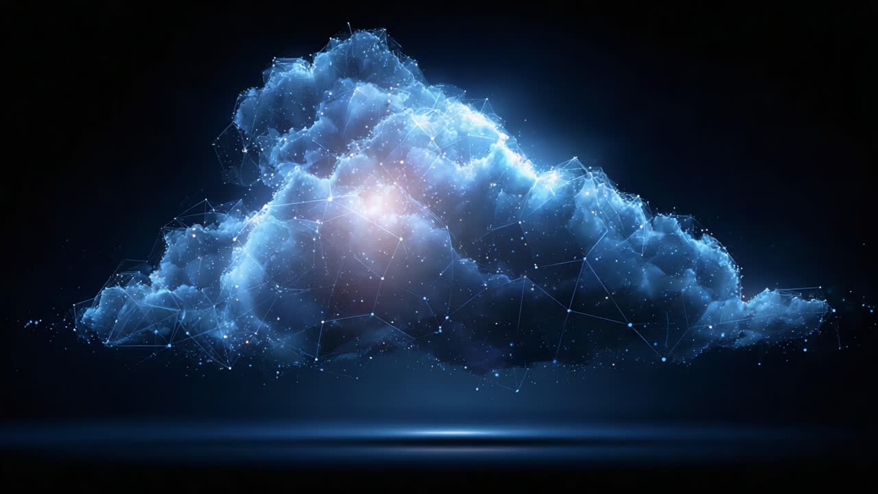 Digital Cloud Formation with Abstract Geometric Patterns and Glowing Elements in a Dark Background, Representing Conceptual Technology and Data Storage