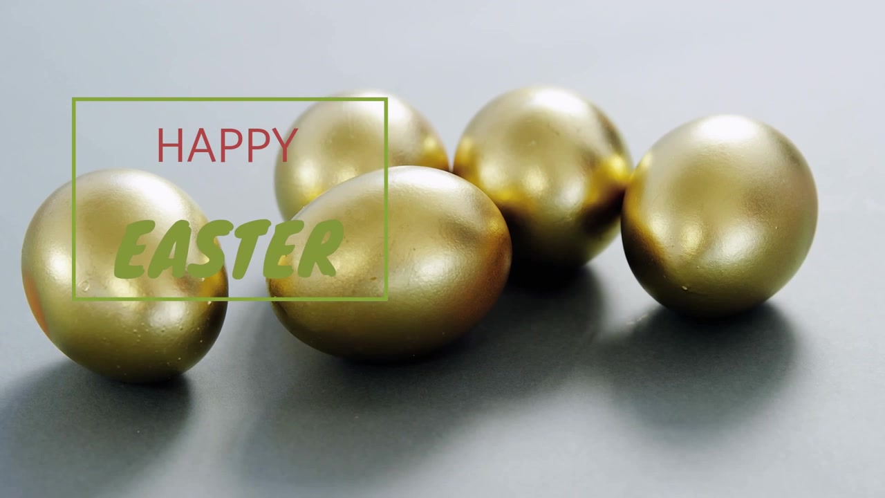 Scritta verde BUONA PASQUA che svanisce, inviando uova d'oro che scivolano su un tavolo grigio, trasformandosi in un biglietto di auguri bianco.