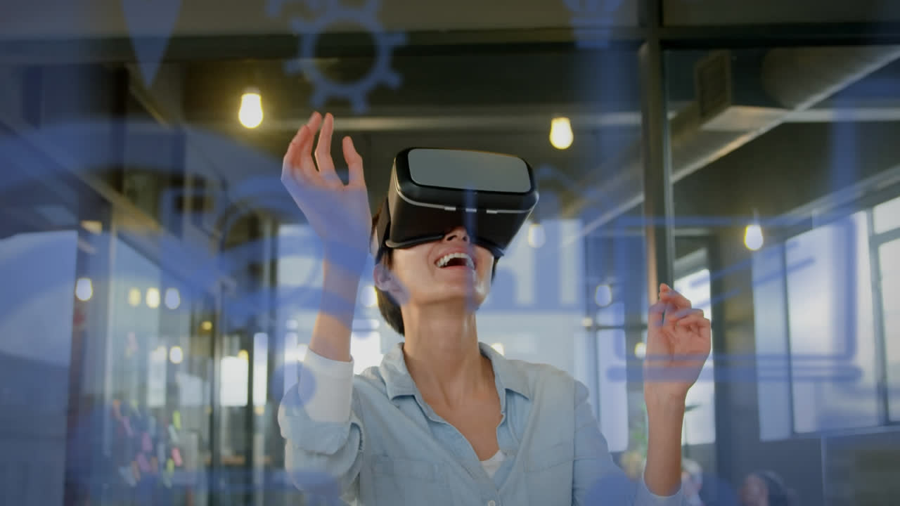 animazione di icone dei social media e elaborazione dei dati su donna caucasica che indossa auricolari vr