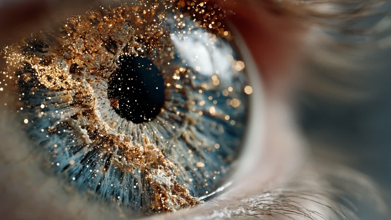 Extreme close up of a beautiful blue human eye with golden glitter applied as makeup, with the pupil constricting and dilating while looking around and sparkling in the light