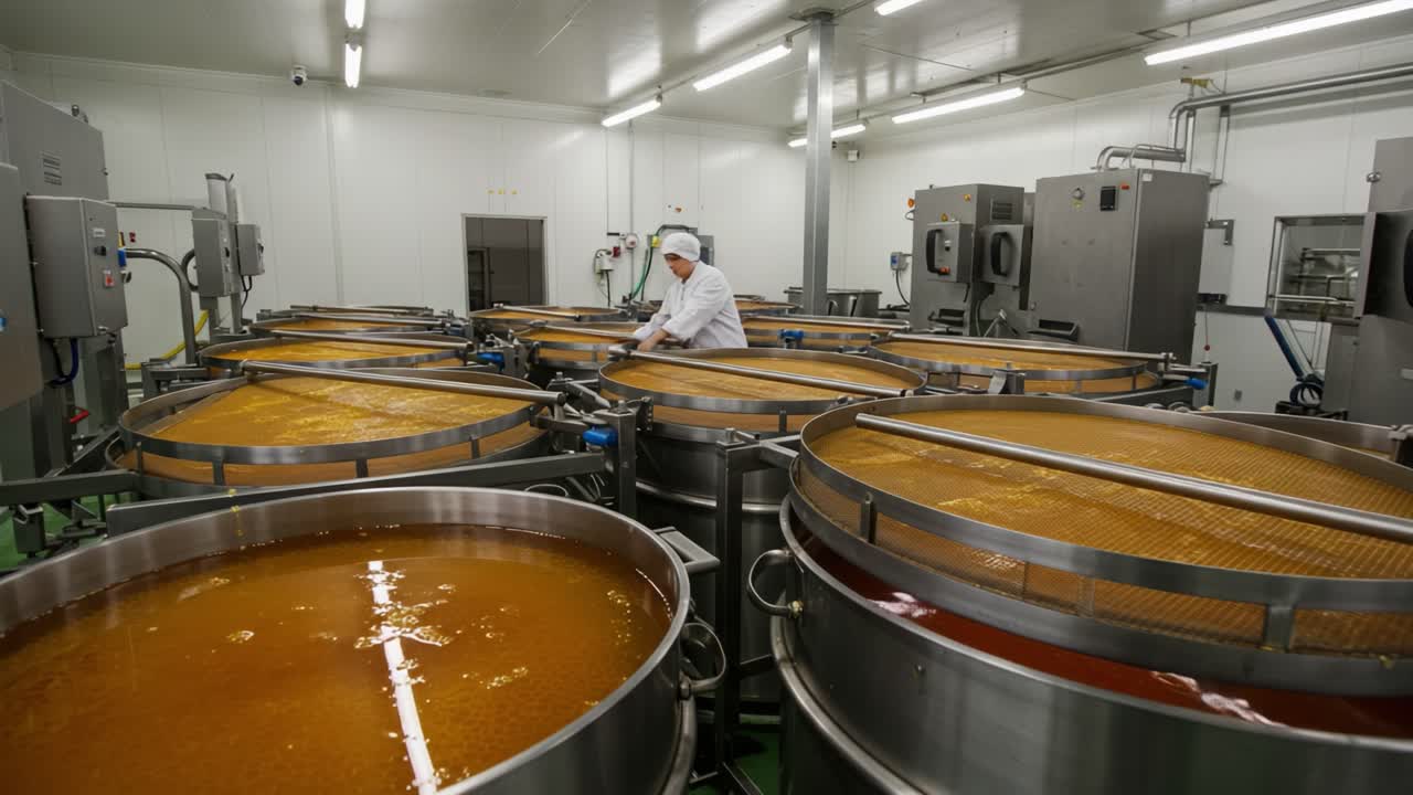Industrial Processing of Honey in Large Tanks, Showcasing the Transformation of Raw Ingredients into Sweet Products in a Modern Facility