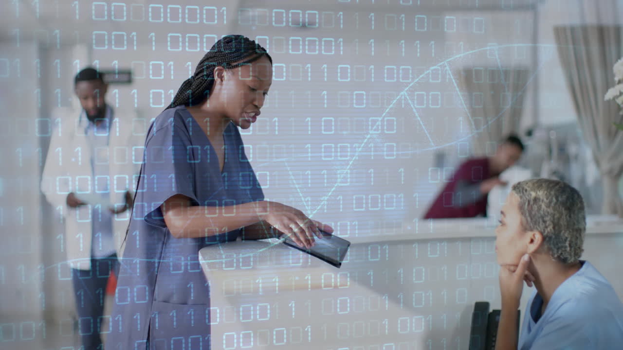 Animation of dna strand and binary coding data processing over diverse doctors in hospital