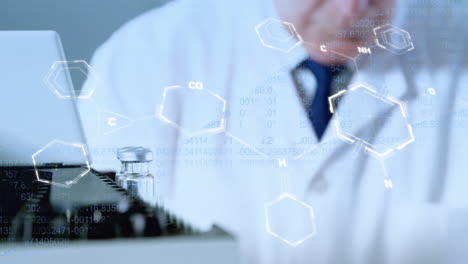 animation of data processing and chemical formula over caucasian male scientist doing experiment