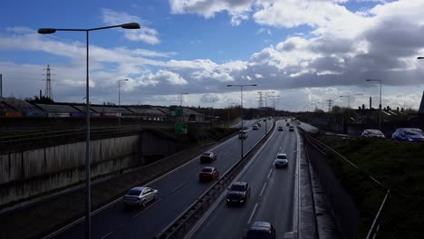 Time-lapse,-of-the-A50,-A500-dual-carriage-way,-motorway-near-the-Stoke-on-Trent-City-centre,-the-main-carriageway-in-the-midlands,-busy-commuter,-logistical-throughway-for-lorries-and-all-transport