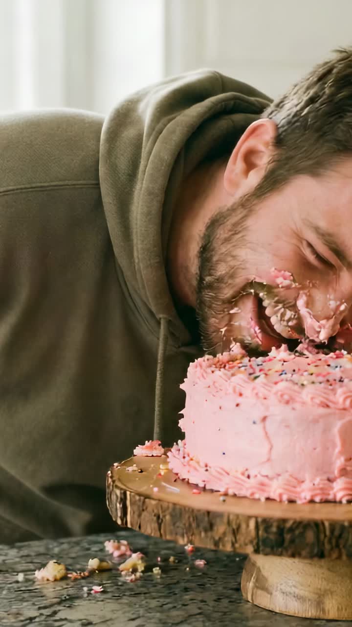 Vídeo vertical: homem inclinado de moletom pressionando o rosto em um bolo rosa em casa e se afastando com cobertura