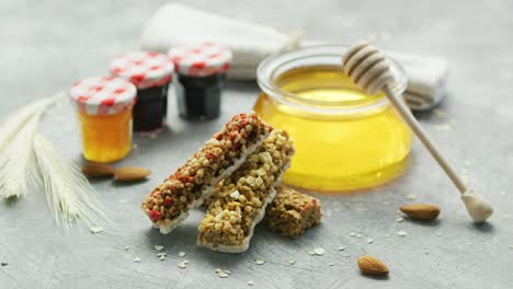 cereal bars and honey in arrangement