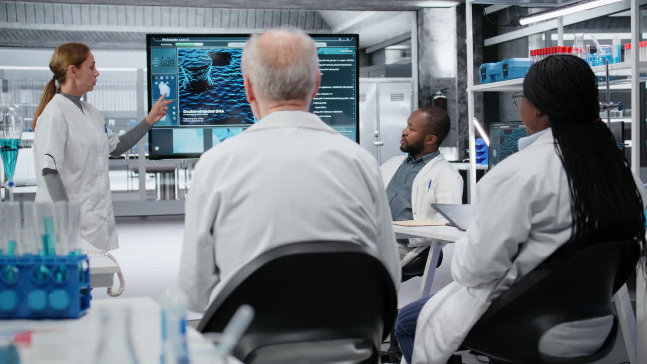 Woman presenting innovative drug development findings to team in laboratory