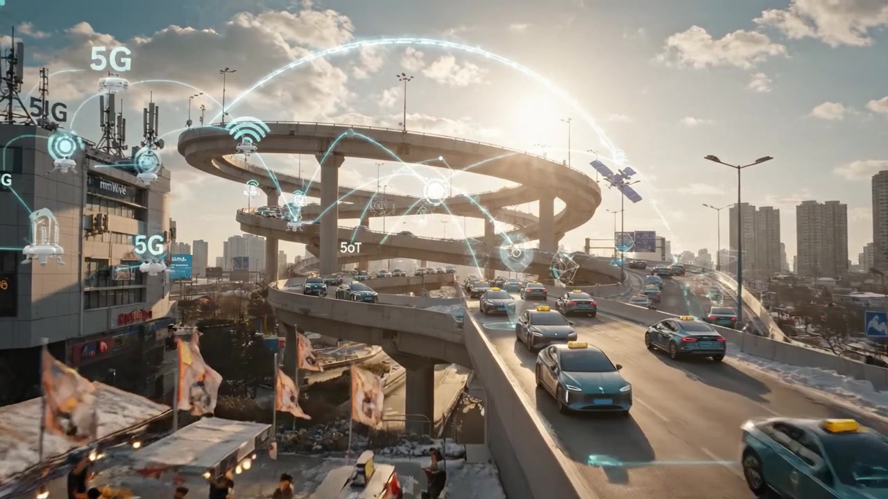 Scena di traffico urbano dinamica con veicoli moderni e connettività digitale in un vivace incrocio cittadino.