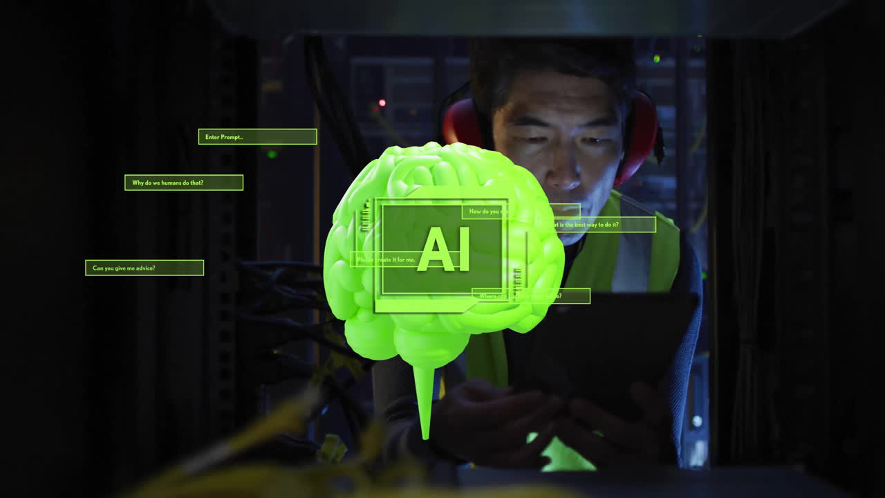 문자, 스캐너, 뇌, 대화의 애니메이션, 어두운 서버 에 있는 아시아 남성 기술자