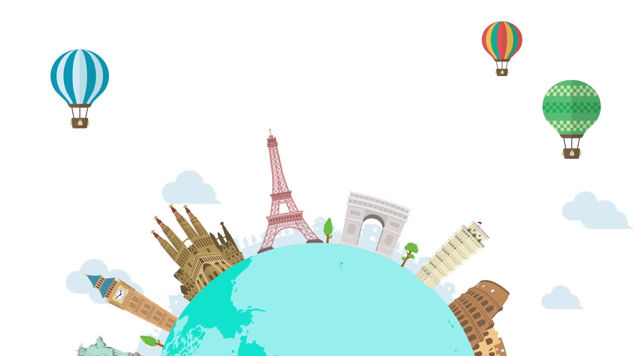 Reisen, Urlaub, Sightseeing Animationsbanner (4K). Weltkulturerbe und weltberühmte Gebäude. Version ohne Text.