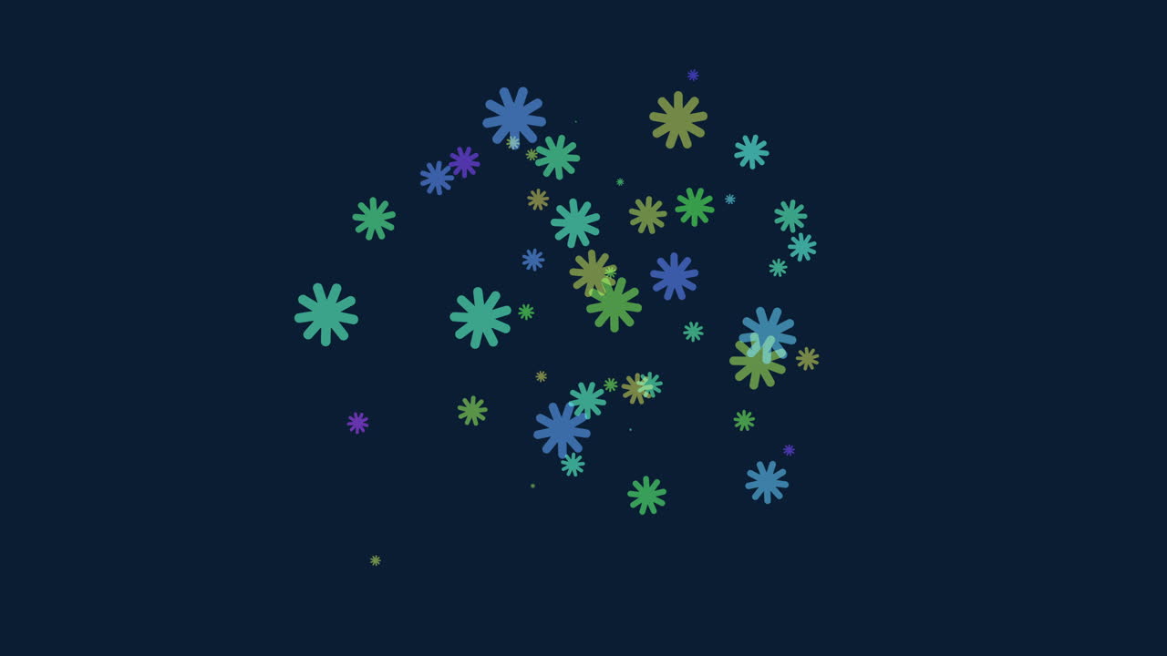 volar confeti de arco iris abstracto y copos de nieve en el espacio oscuro